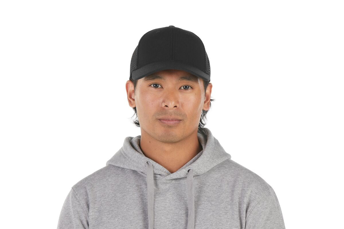 recycled-poly-low-profile-trucker-hat-c4 WebPDP-HAT002002_Recycled_Poly_Low_Profile_Trucker_Hat_Black_Studio_Harper_Studios_0723_Front__HAT002002OS.jpg